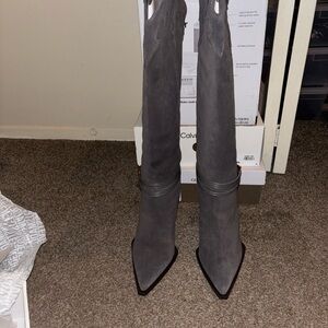 Gray Suede Knee-High Boots